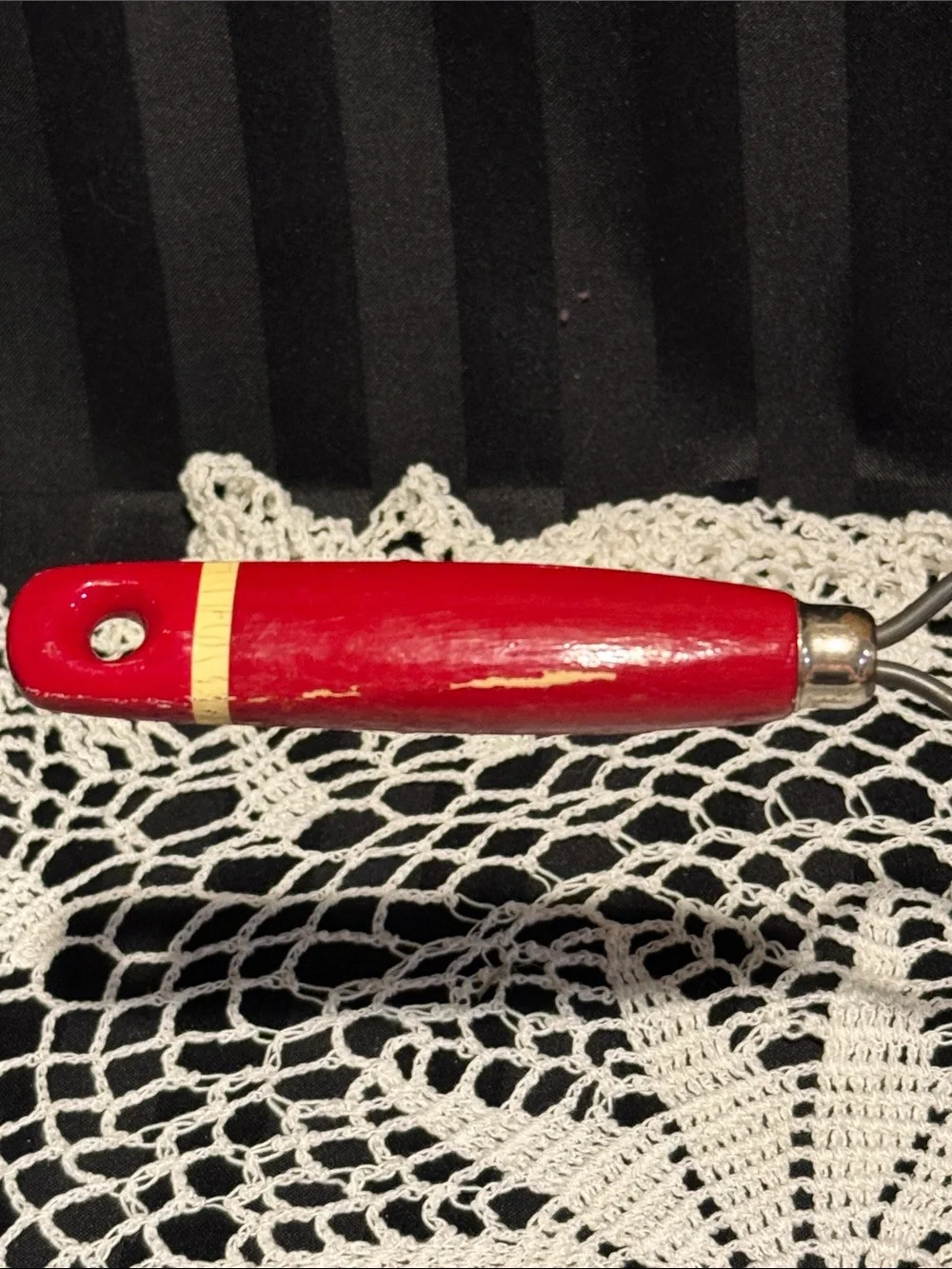 Vintage Round Strainer with Red Wooden Handle